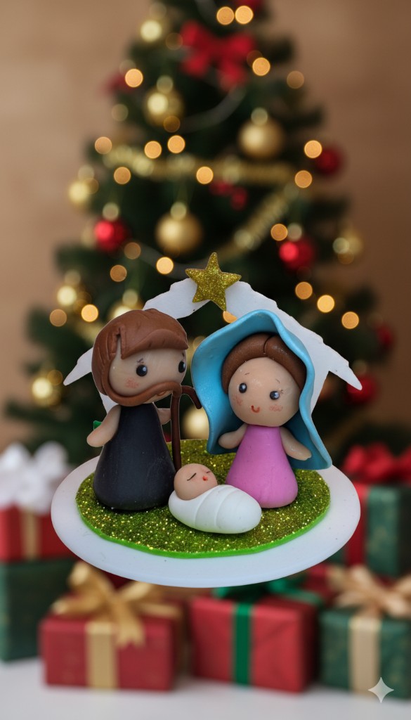 Diorama de celebración del nacimiento con figuras del belén